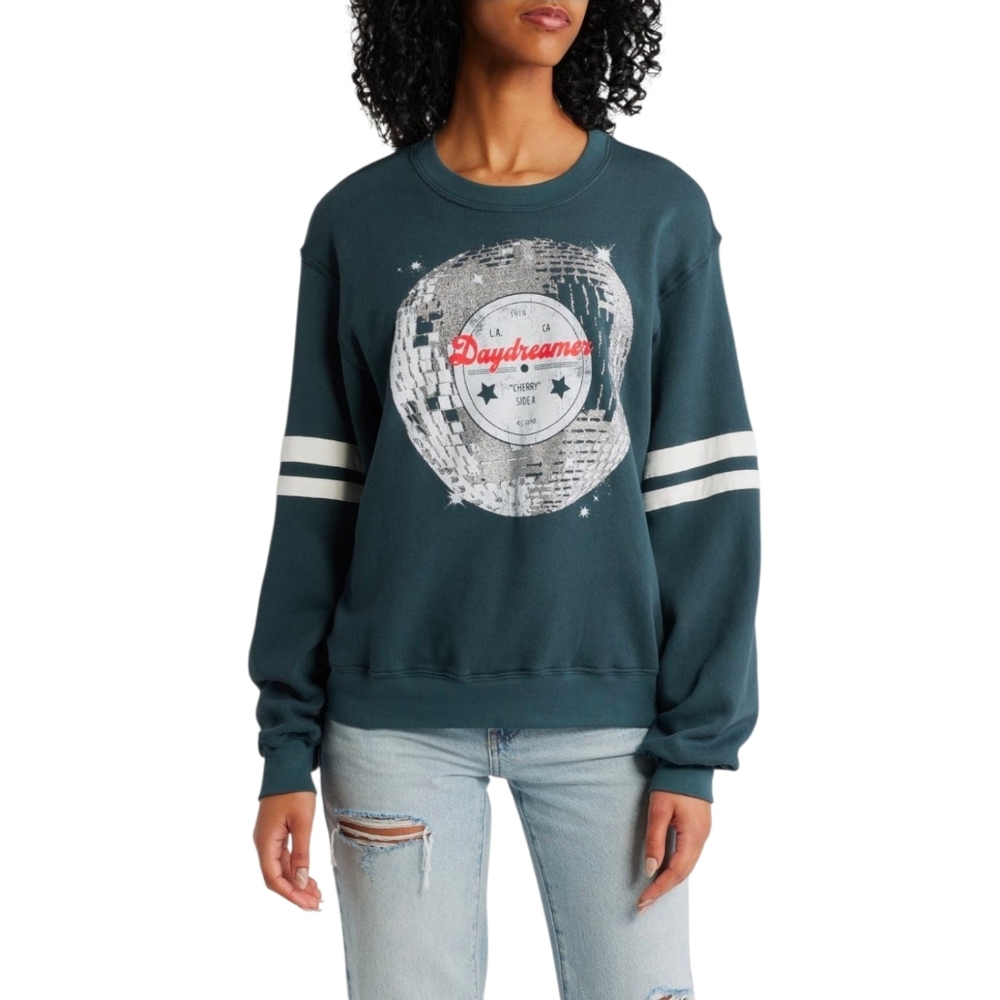 Daydreamer Disco Ball Varsity Sweatshirt Vintage Black Graphic Large NWOT